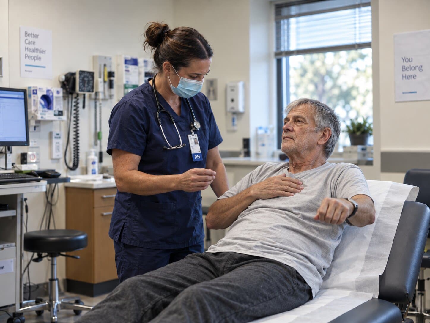 A nurse assessing a patient who rests a hand on his chest during a clinic visit