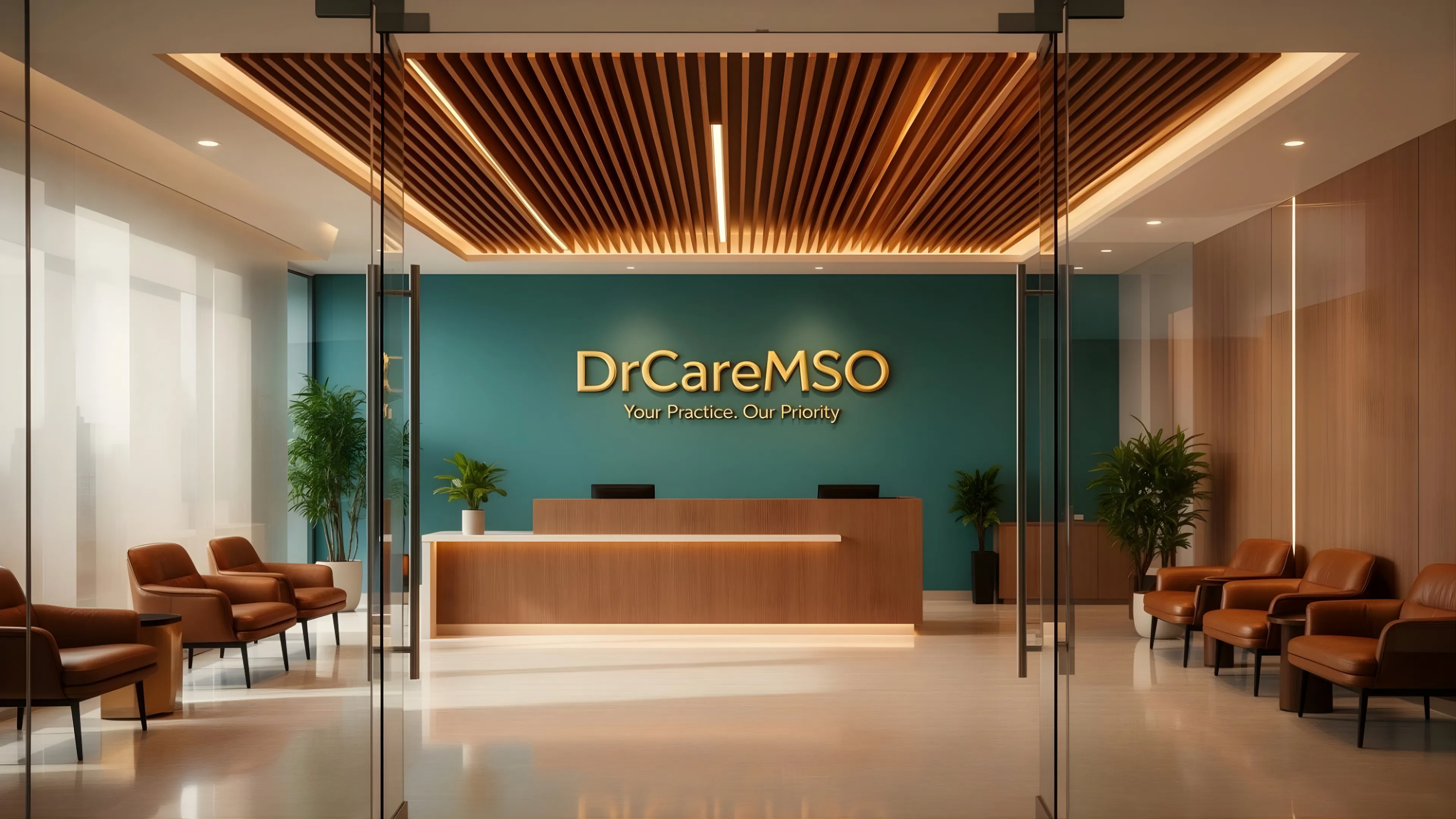 DrCareMSO reception with the company name on a teal wall