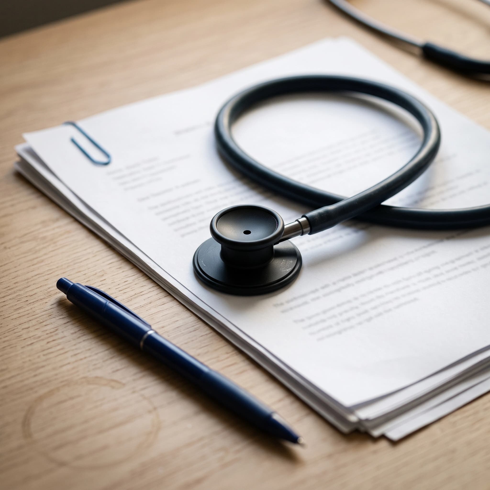 Stethoscope resting on a stack of paperwork beside a pen, representing careful claims