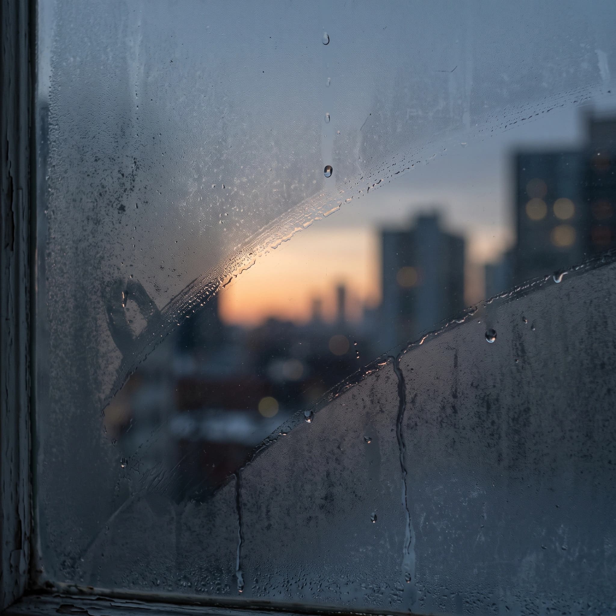 Rain streaked window looking out over a city skyline at dusk, representing our vision