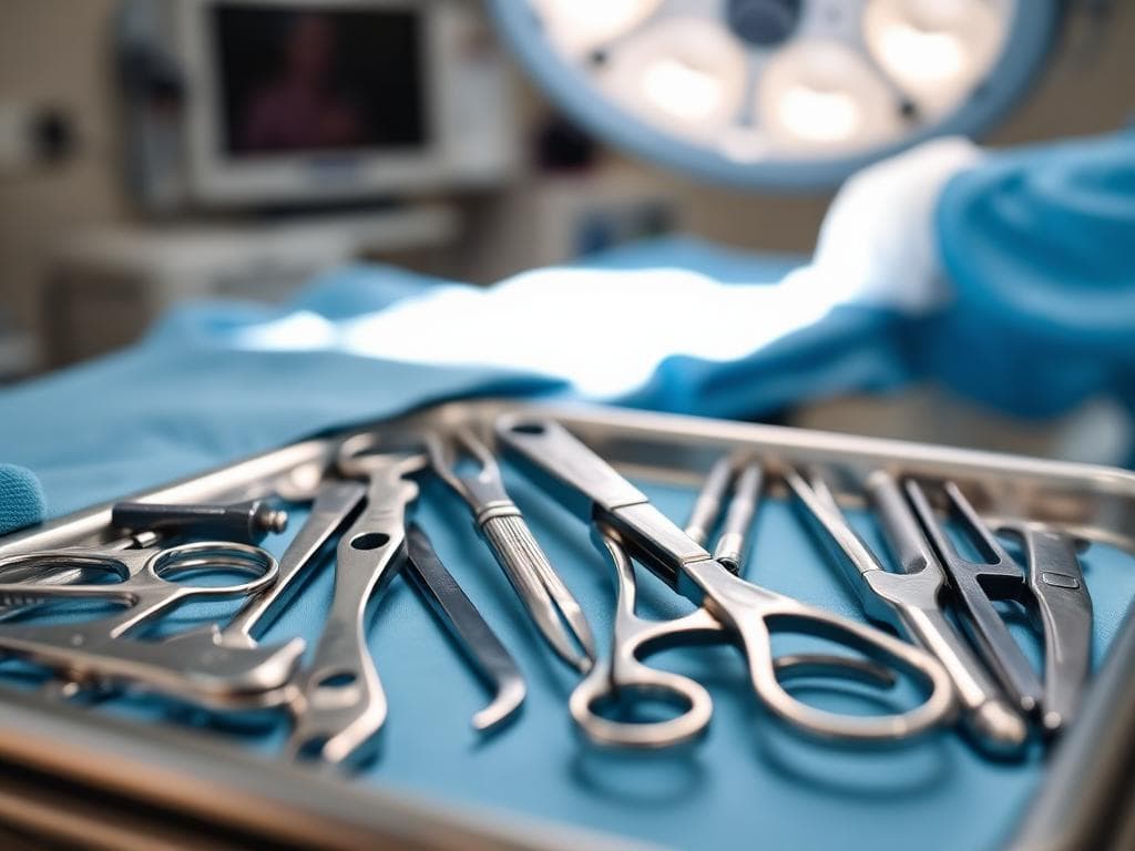 Surgical instruments laid out on a tray in an operating room