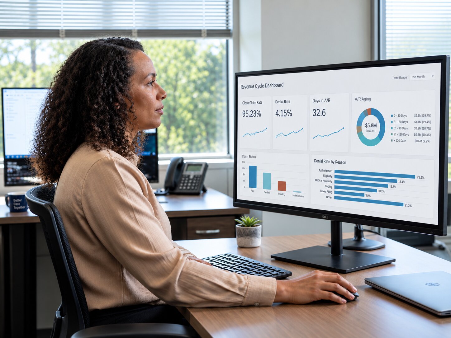 Revenue cycle analyst reviewing a real-time KPI dashboard in a modern medical billing office