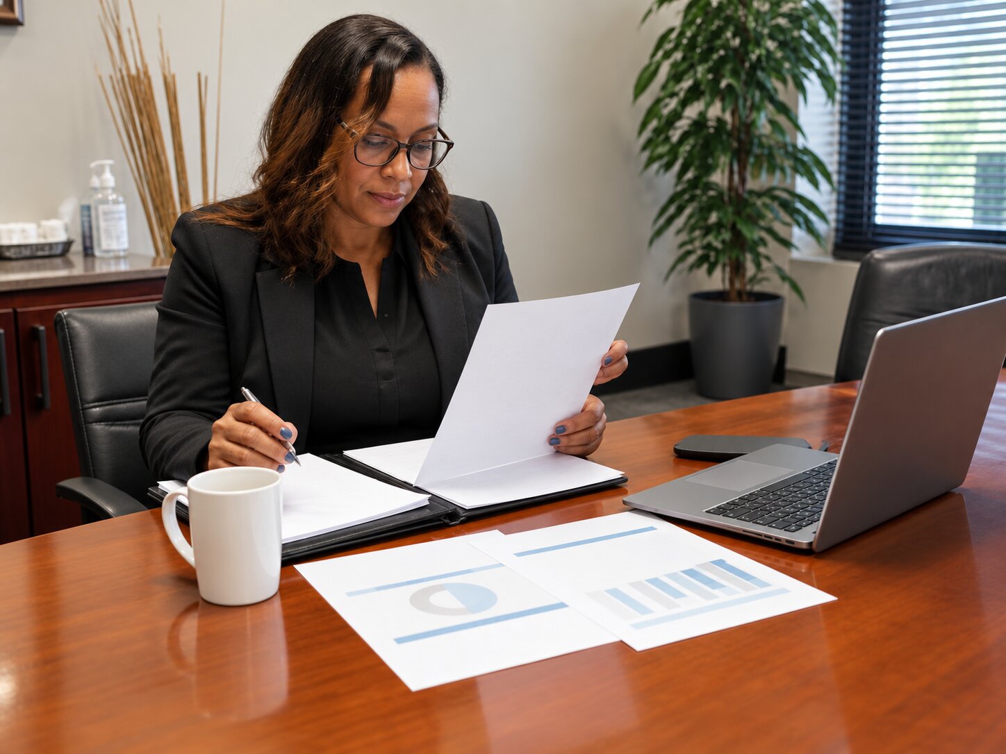 Medical practice administrator reviewing printed executive summary reports with charts and KPIs
