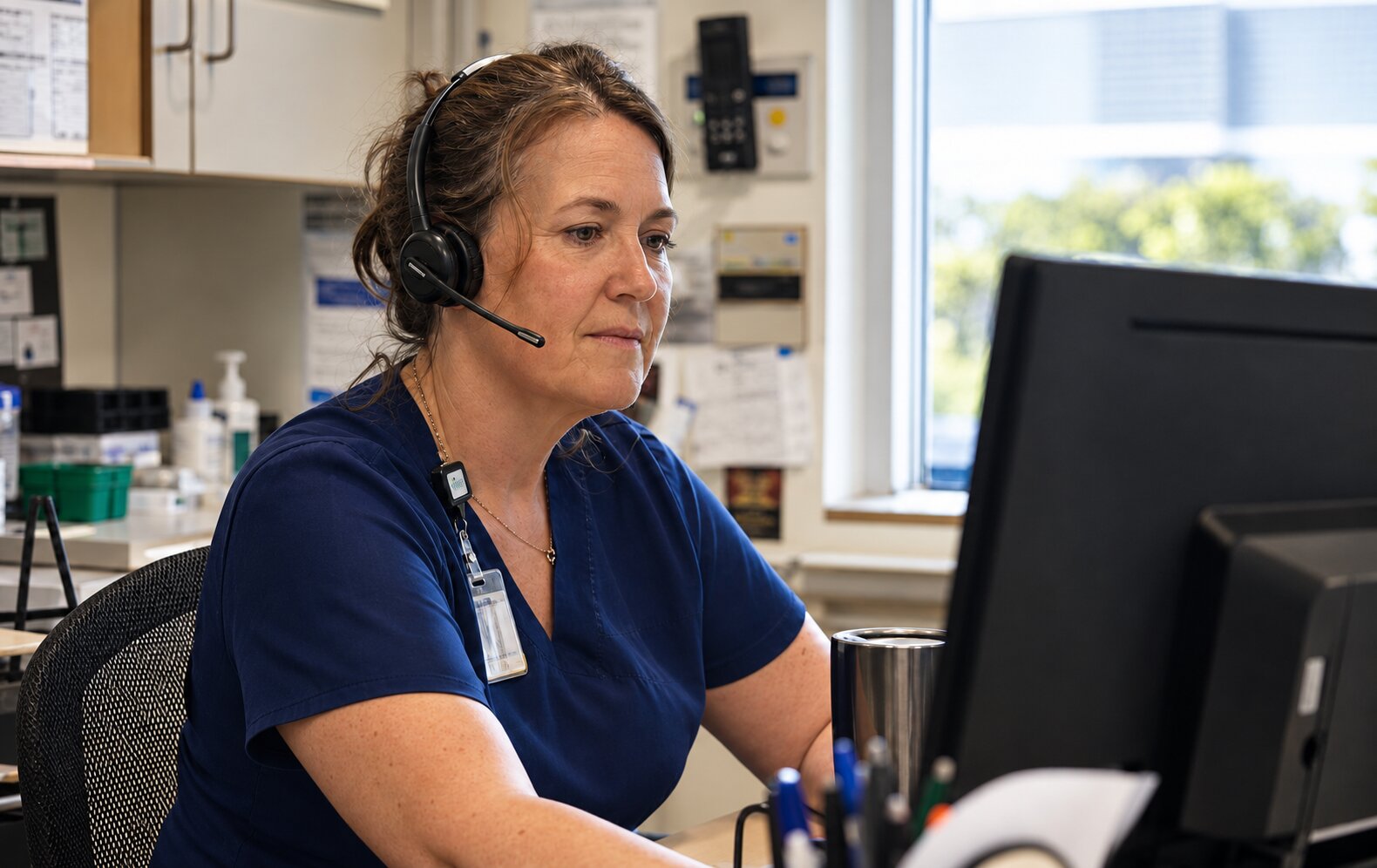 Care coordinator reviewing a chronic care management plan with an older patient in a clinic exam room