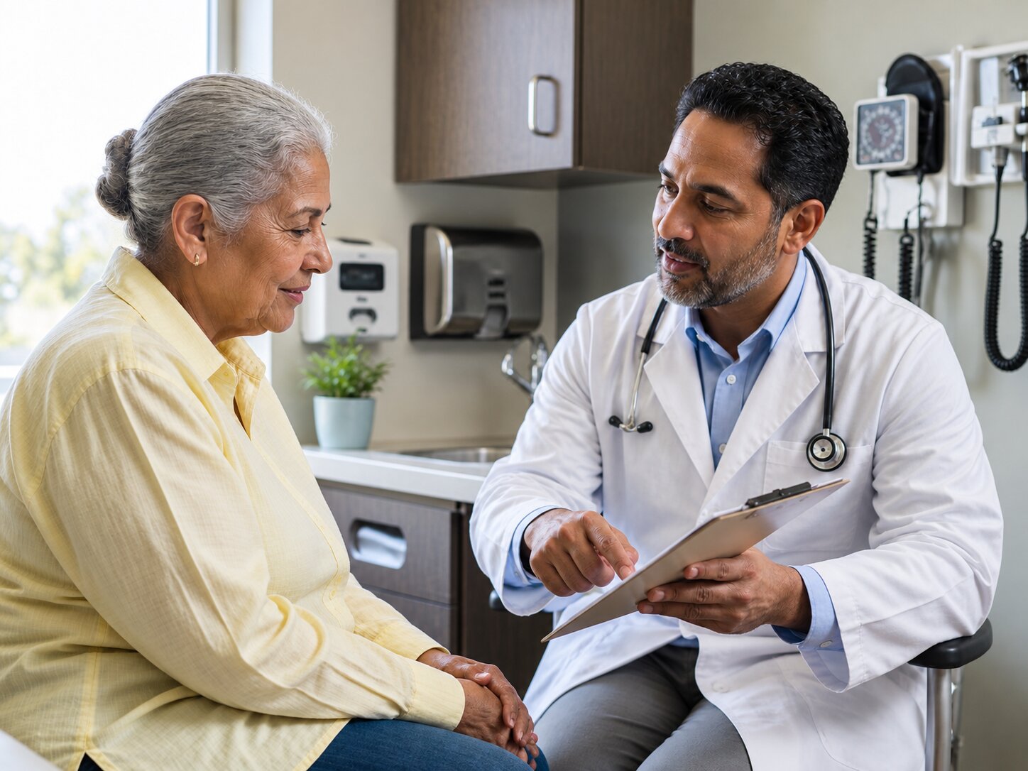 Clinical staff member reviewing a patient care plan on a monitor at a nursing station