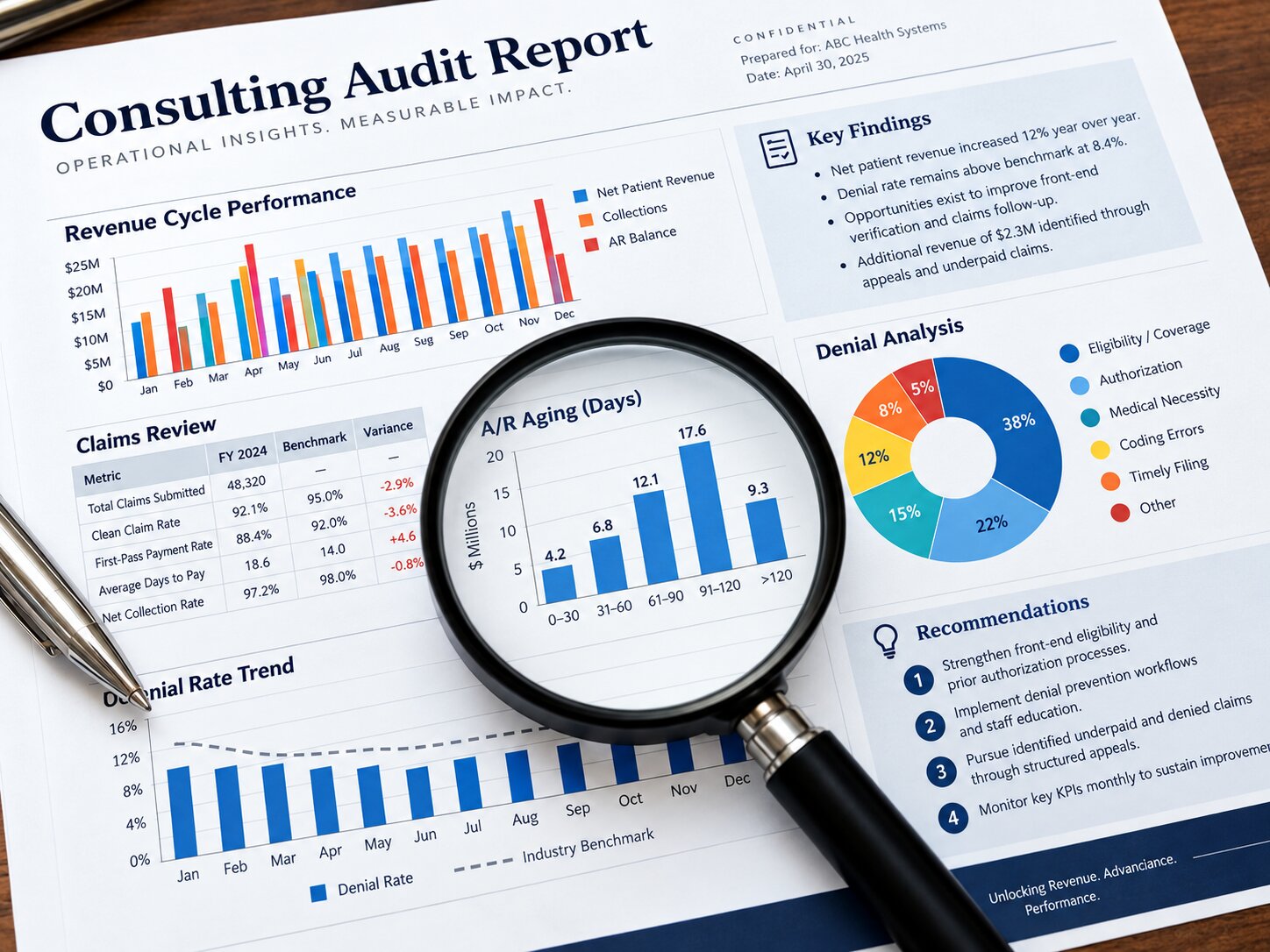 DrCare MSO revenue cycle audit report showing denial rate and AR days reduction metrics