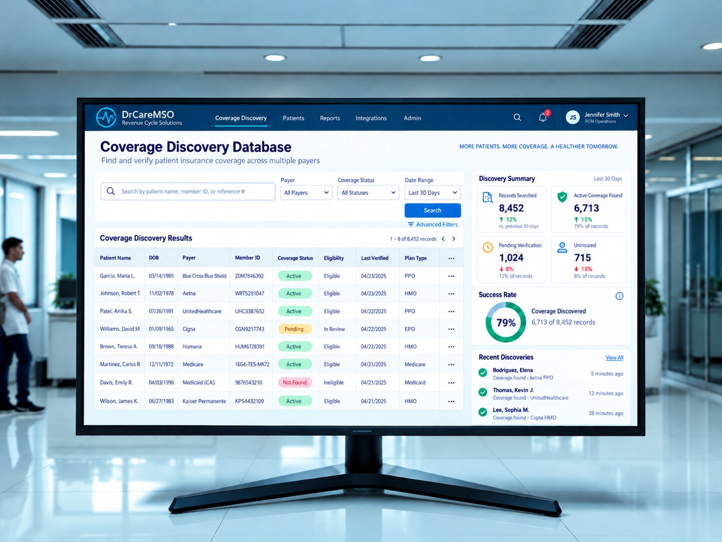 Multi-source insurance coverage discovery database search across 850 payers for medical billing