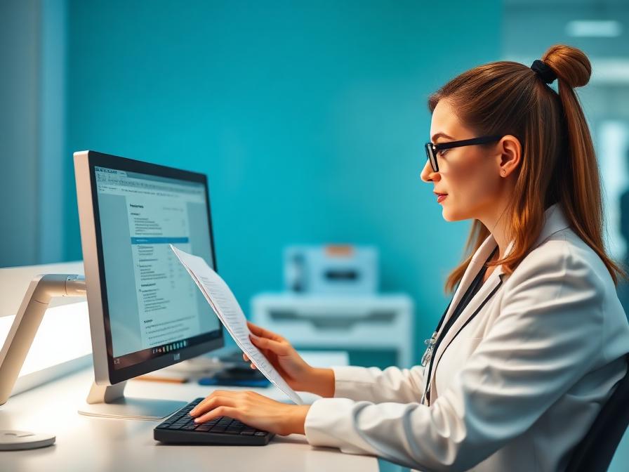 Insurance coverage verification specialist cross-referencing payer database results for self-pay patients