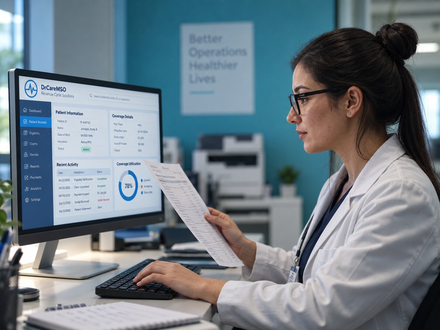 Insurance coverage verification specialist cross-referencing payer database results for self-pay patients