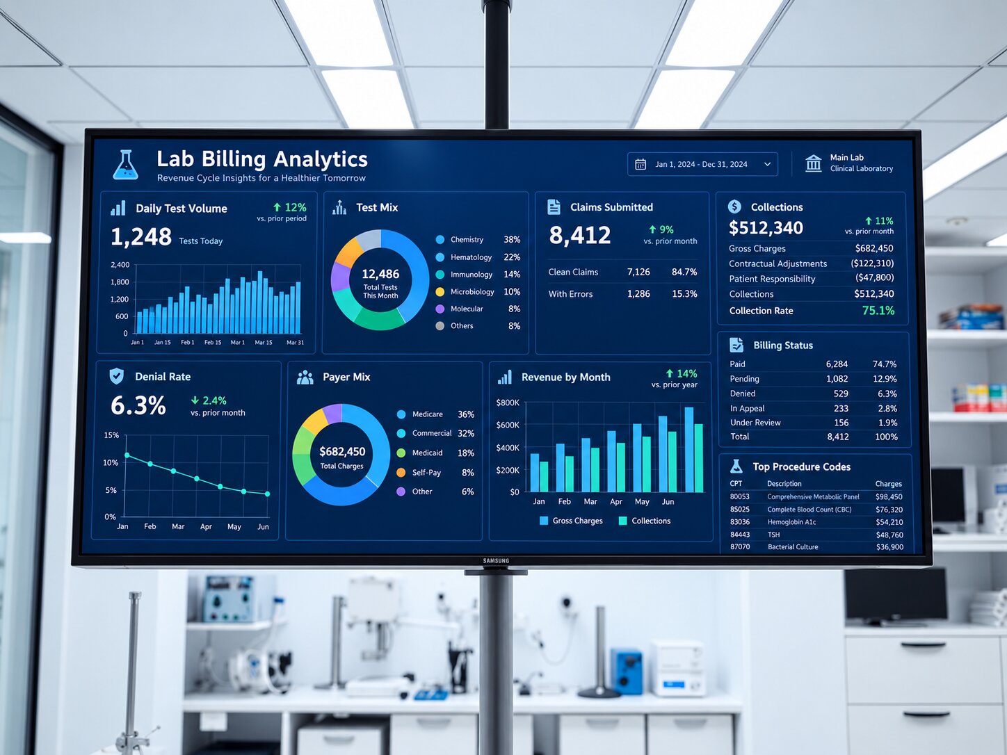 Laboratory billing analytics dashboard showing CPT code performance and denial trends
