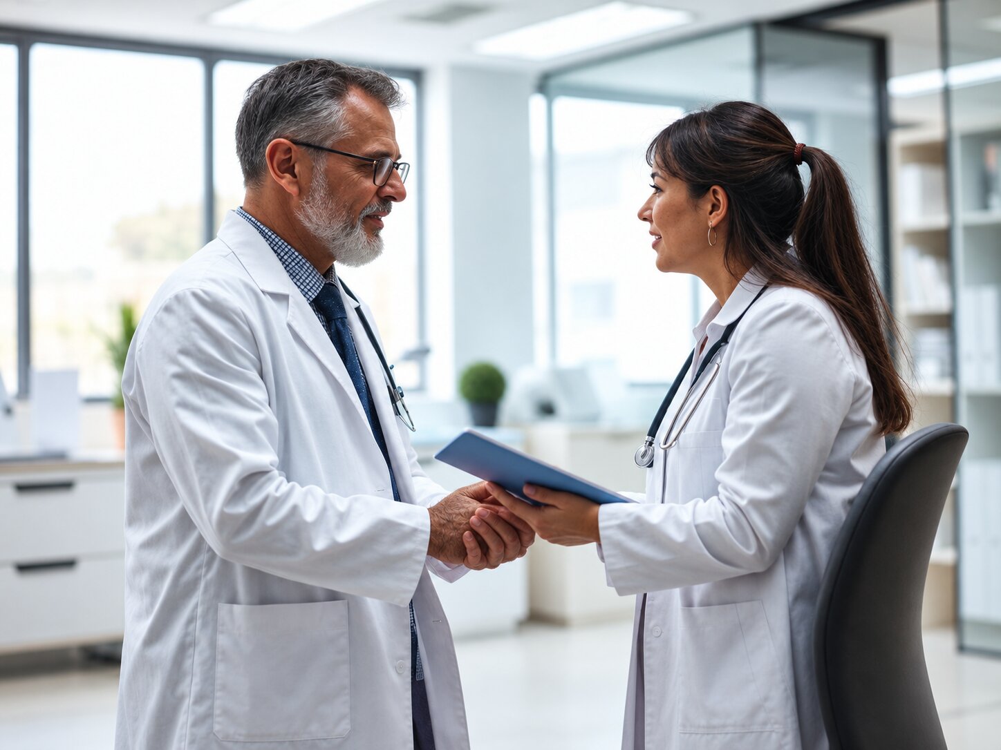 Physician consultation with medical billing specialist reviewing coding and reimbursement strategy