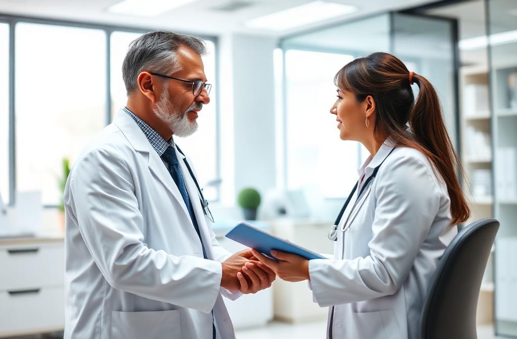 Physician consultation with medical billing specialist reviewing coding and reimbursement strategy