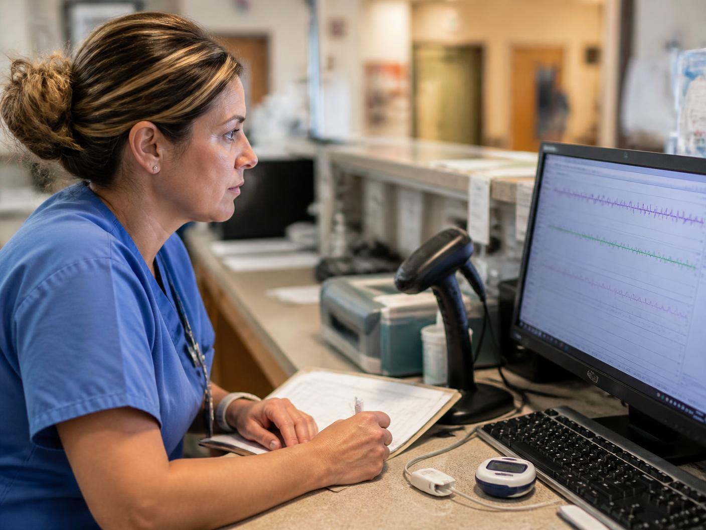 Clinical staff member reviewing transmitted patient vital sign trends on a monitor