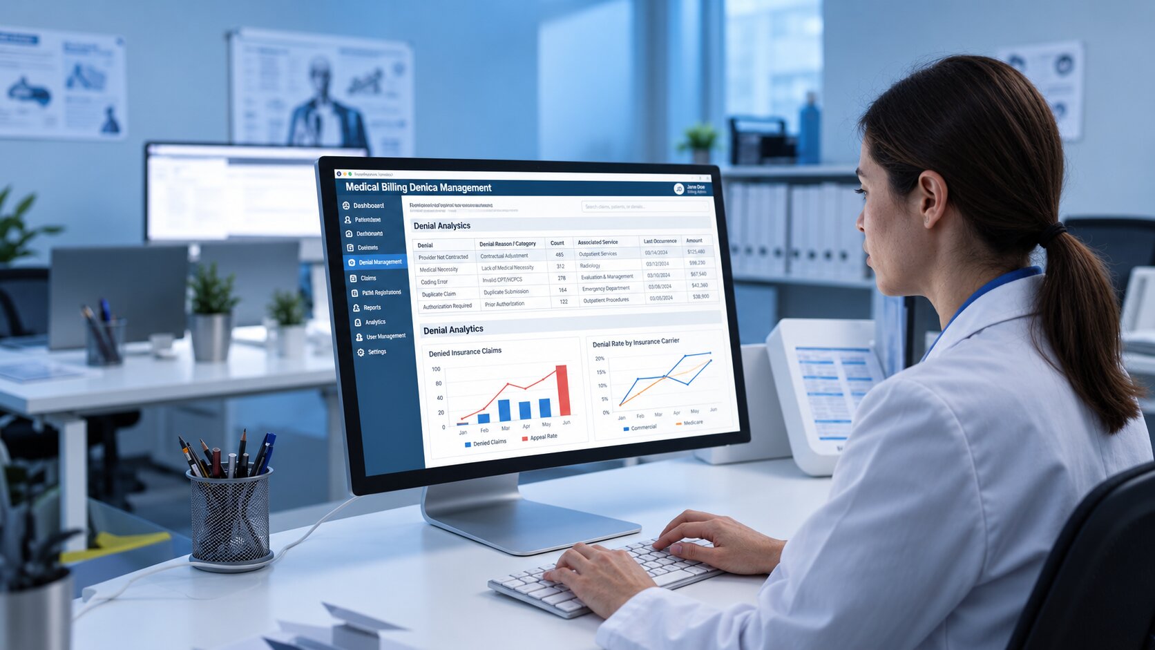 DrCareMSO denial management specialists reviewing denied claims on dashboard