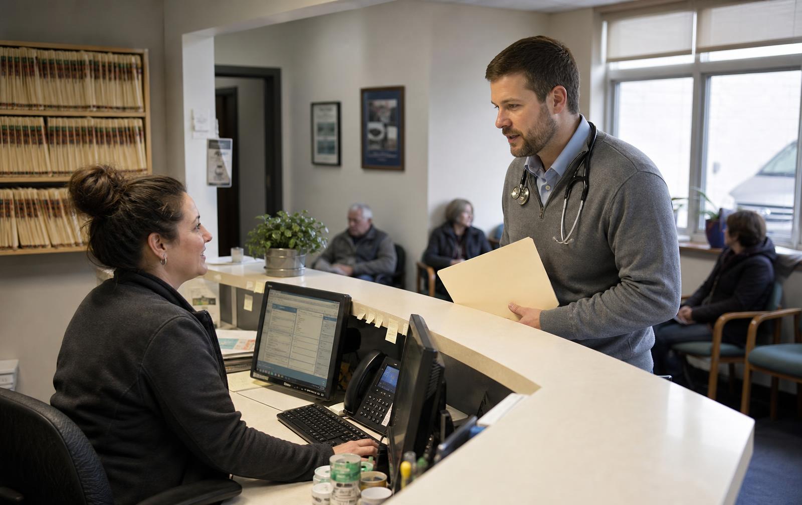 Physician and front office staff member working together at the front desk of a small private practice