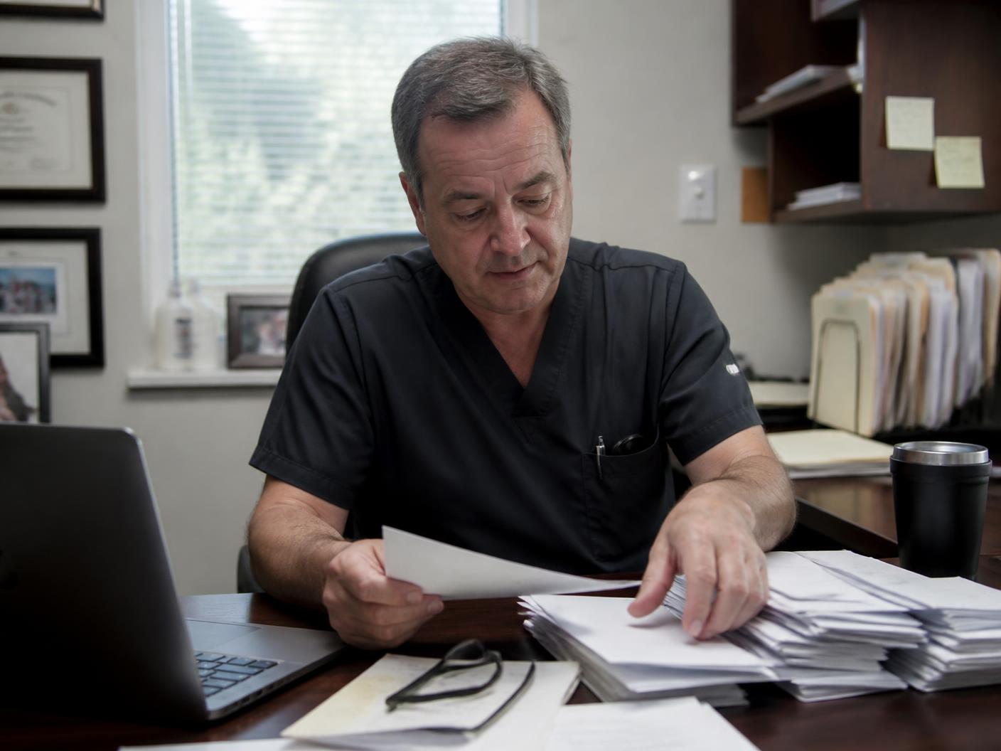 Solo physician reviewing insurance remittance paperwork at a desk in a small practice office